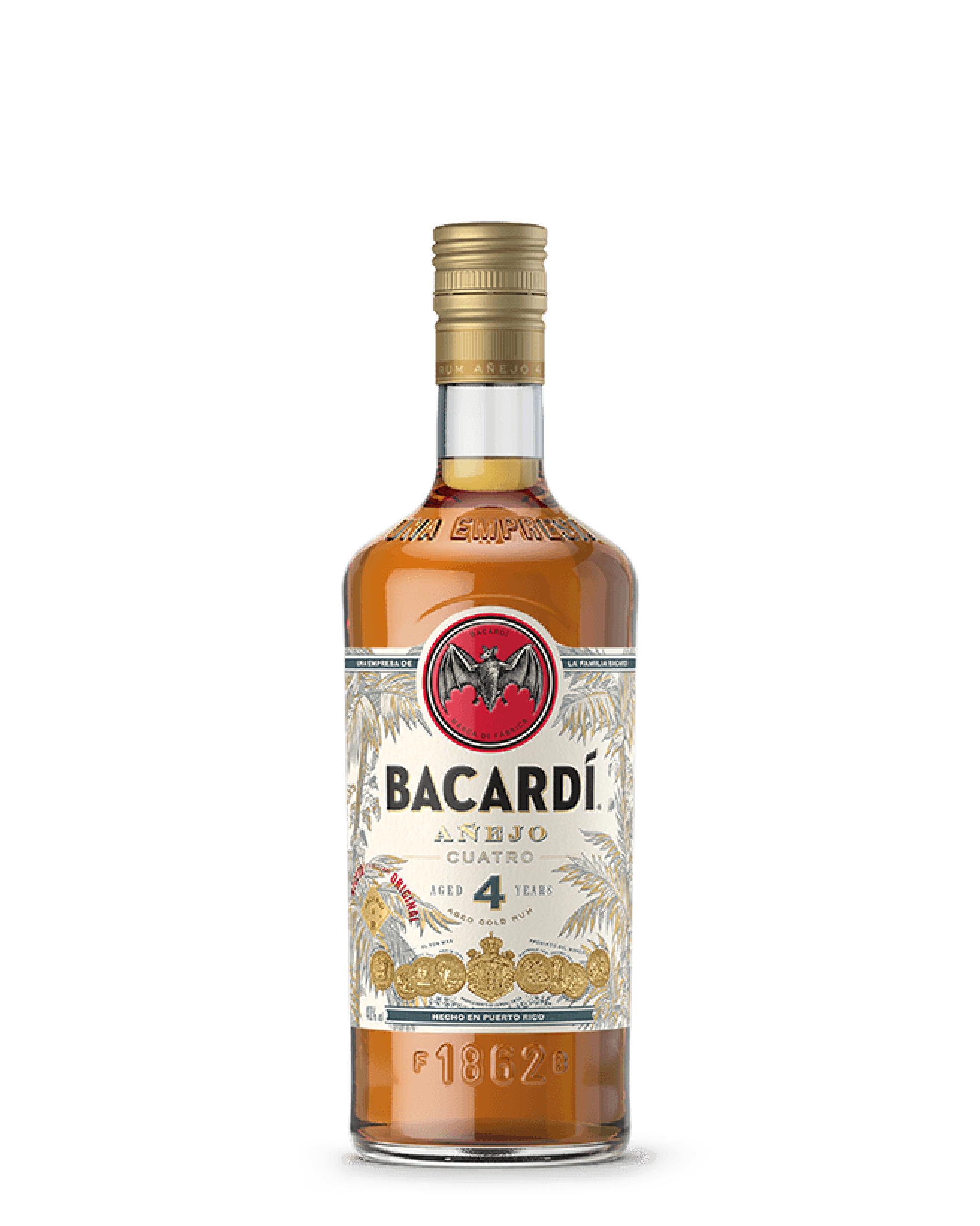 Bacardí Añejo Cuatro rum bottle with amber liquid, white label, gold cap.