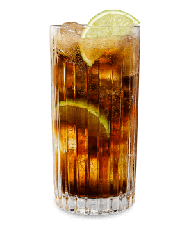 Tall highball glass filled with Cuba Libre cocktail, garnished with lime wedges and ice cubes.