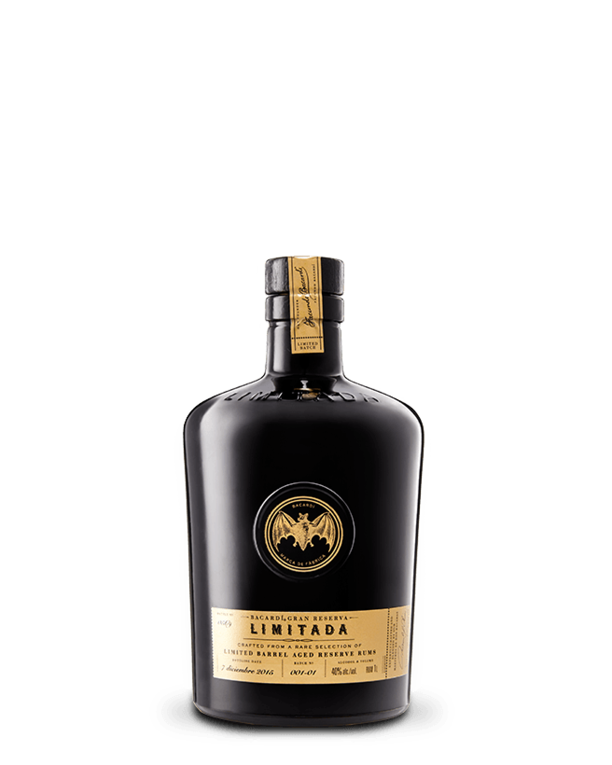 Black BACARDÍ Limitada rum bottle with gold labels, bat logo.