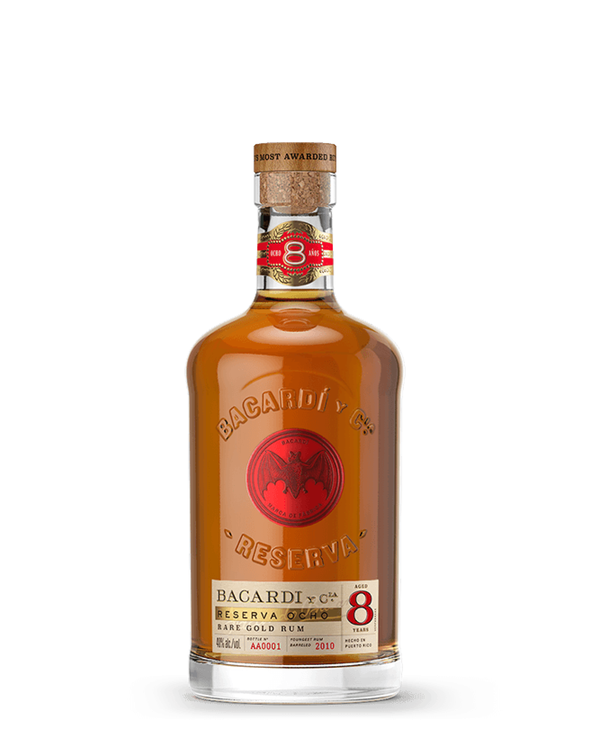 BACARDÍ Reserva Ocho Rare Gold Rum bottle with amber liquid, red label, cork stopper.