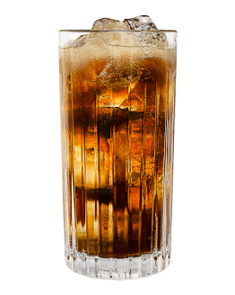 Tall fluted glass filled with dark brown fizzy cocktail and ice cubes.