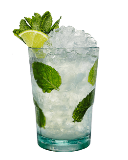 Mojito cocktail in a textured glass with crushed ice, mint leaves, and lime wedge.