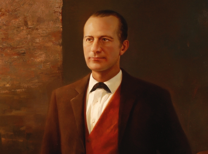 Painted portrait of a person in dark suit jacket, white shirt, red vest, and black bow tie.