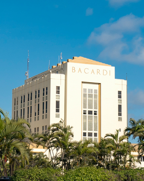 Cream-colored BACARDÍ building with palm trees under a clear blue sky.