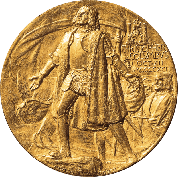 Gold medal featuring a relief sculpture of a historical figure in armor with outstretched arms.