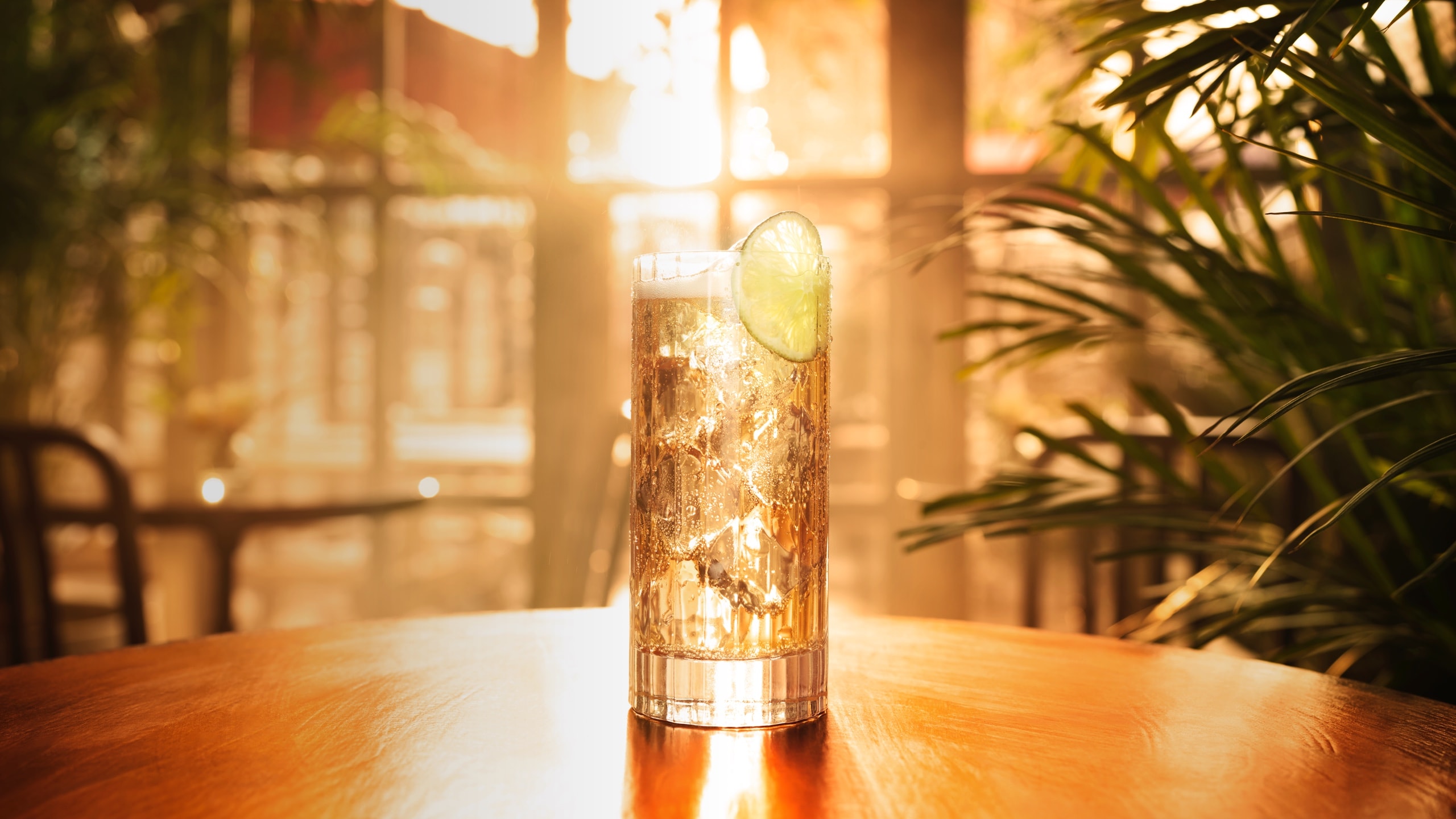 Tall glass of golden-brown cocktail with ice and fresh lime wedge.