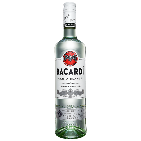 Full-length Bacardí Carta Blanca rum bottle with white cap and silver labels.