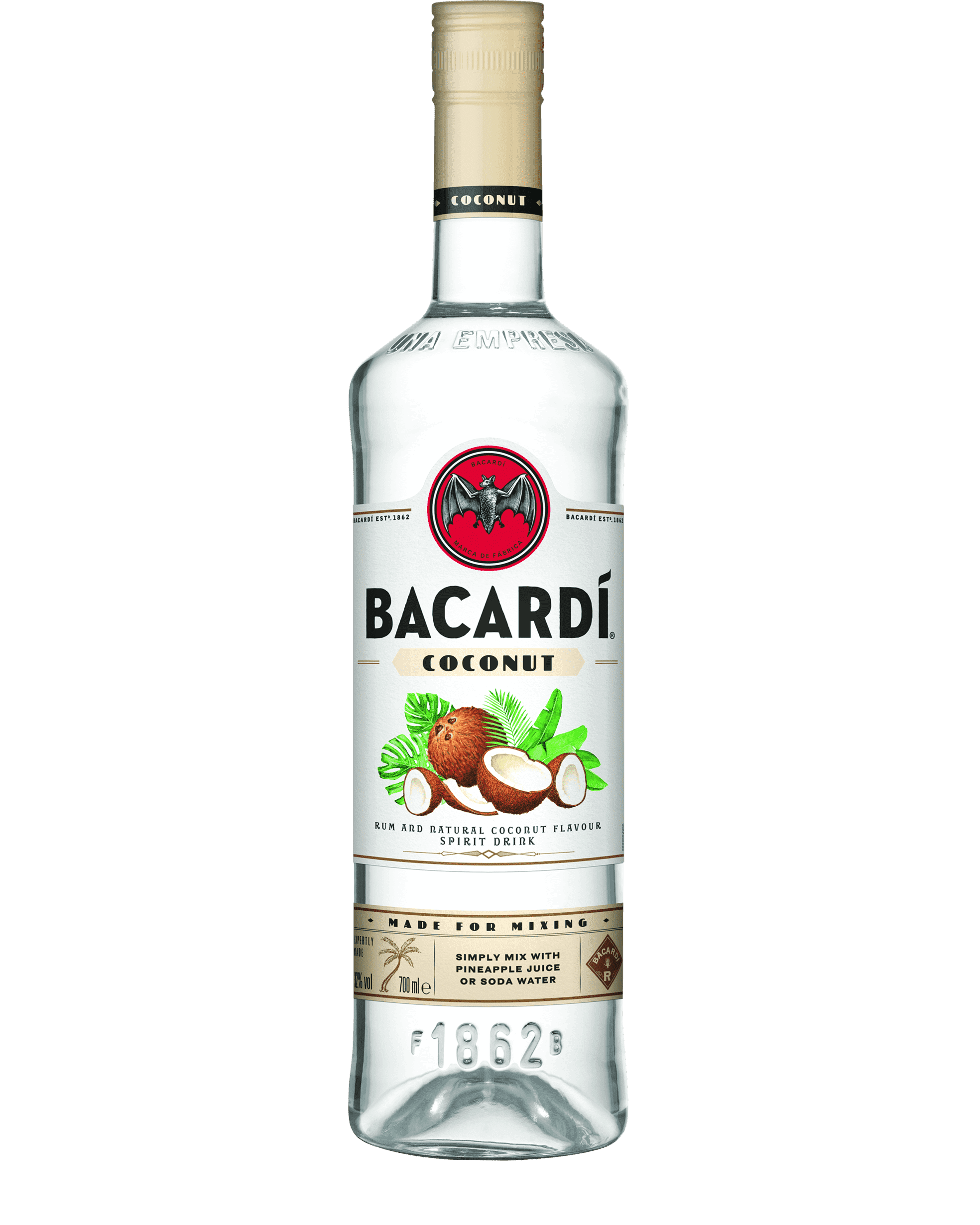 Bacardi-EU-Coconut_700ml_R01-1 (1) (1) Clear Bacardí Coconut rum bottle with white label, red bat logo, and illustration of coconuts and palm leaves.