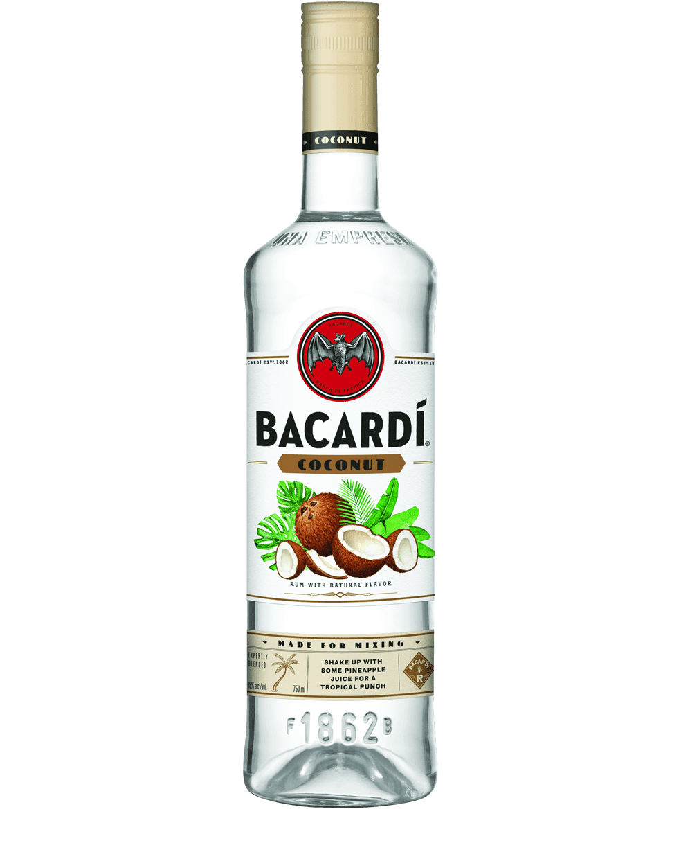Bacardí Coconut rum bottle with white label, red bat logo, and coconut illustration.