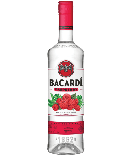 BACARDÍ Raspberry rum bottle with red cap, white label, and raspberry illustration.