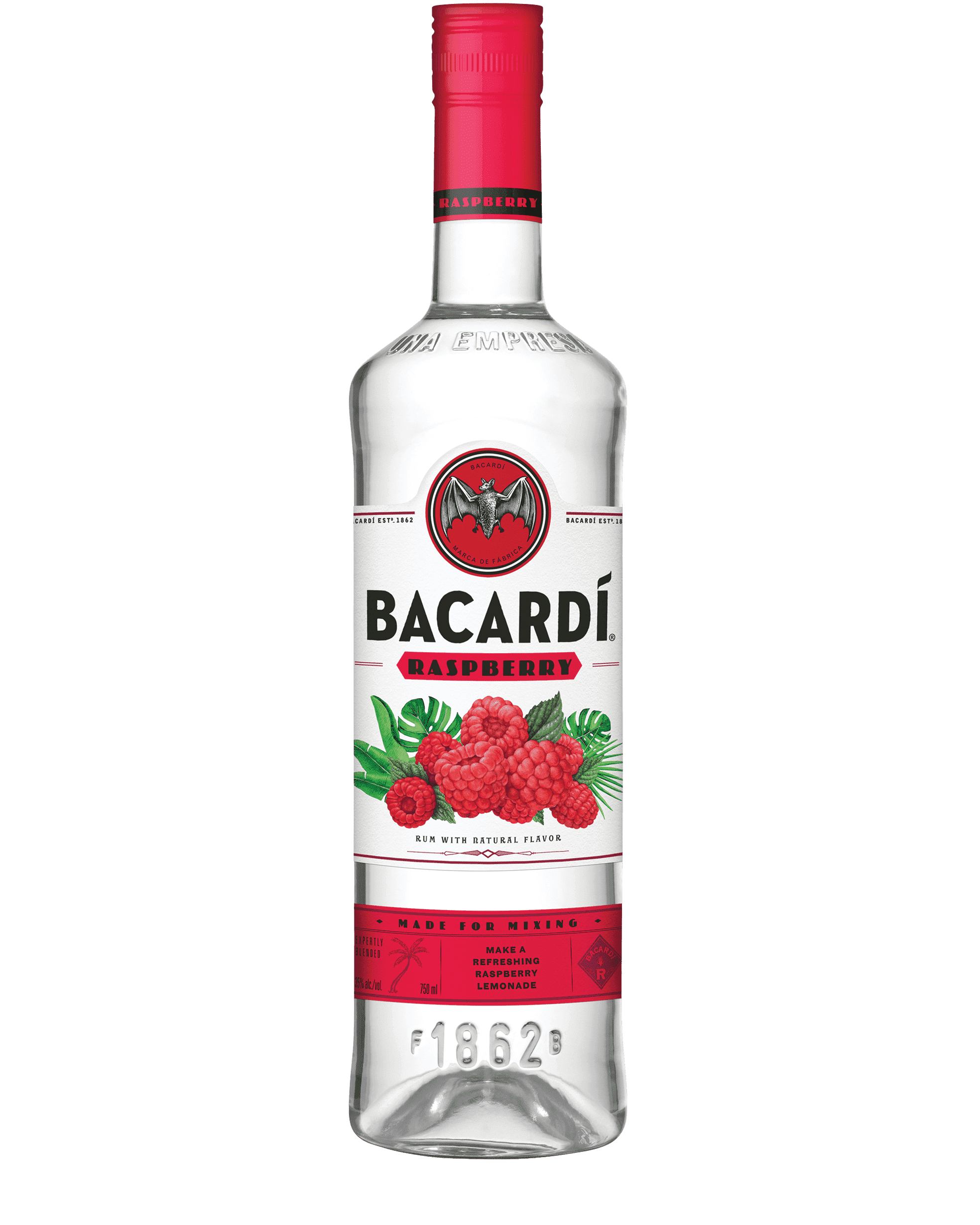 BACARDÍ Raspberry rum bottle with pink cap, white label featuring bat logo, raspberry illustration.
