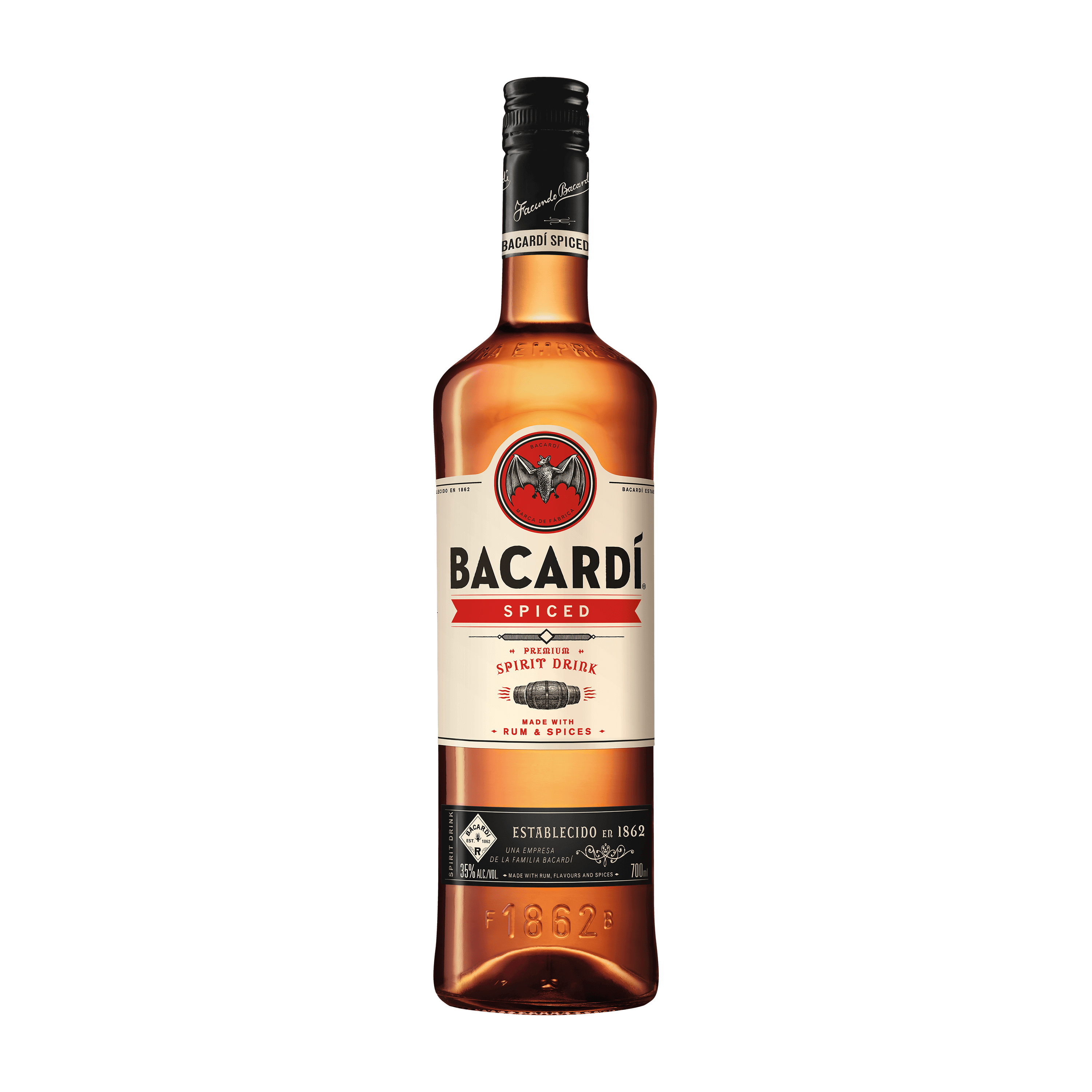 Bacardí Spiced rum bottle with clear glass, white and red label, black cap with gold band.