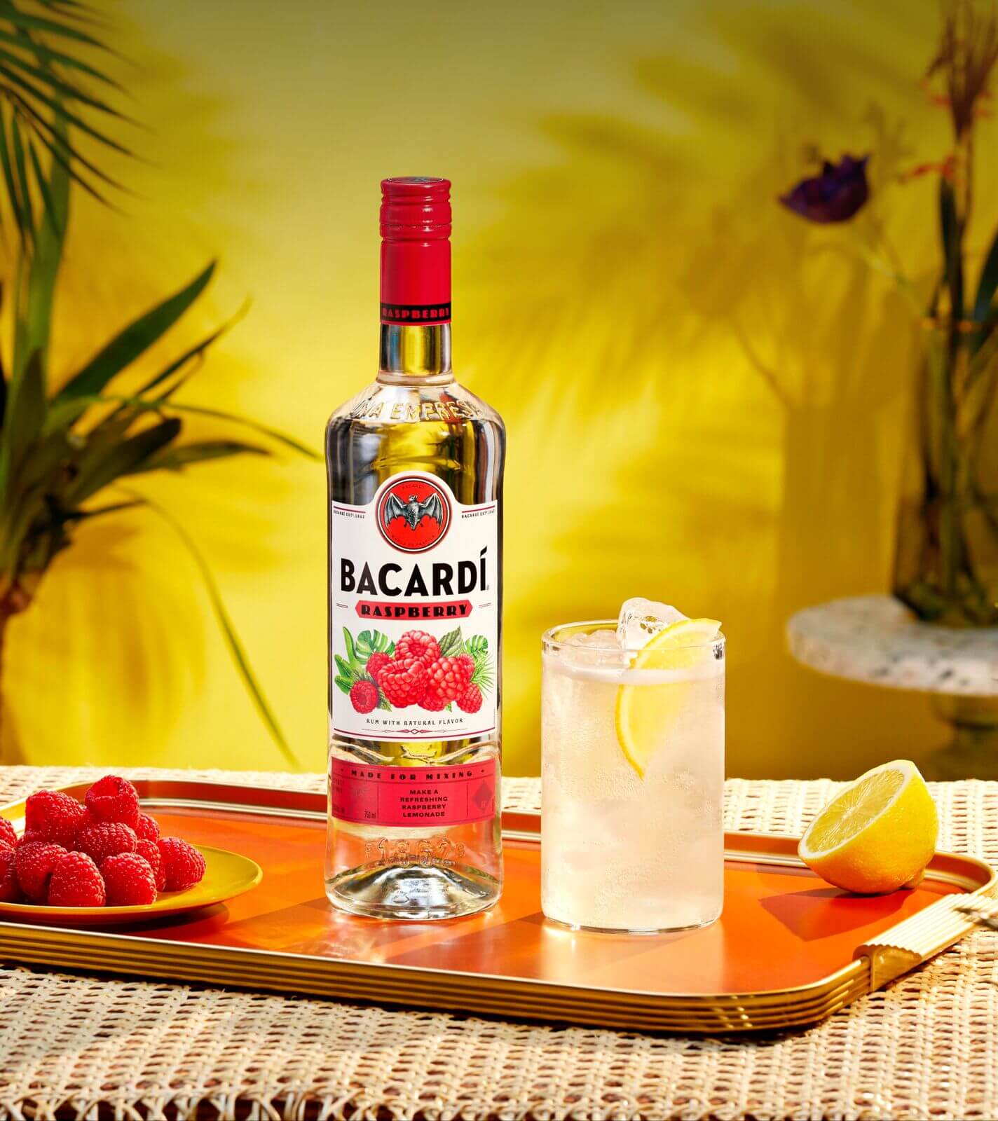 BACARDÍ Raspberry rum bottle with cocktail glass, raspberries, lemon slice.