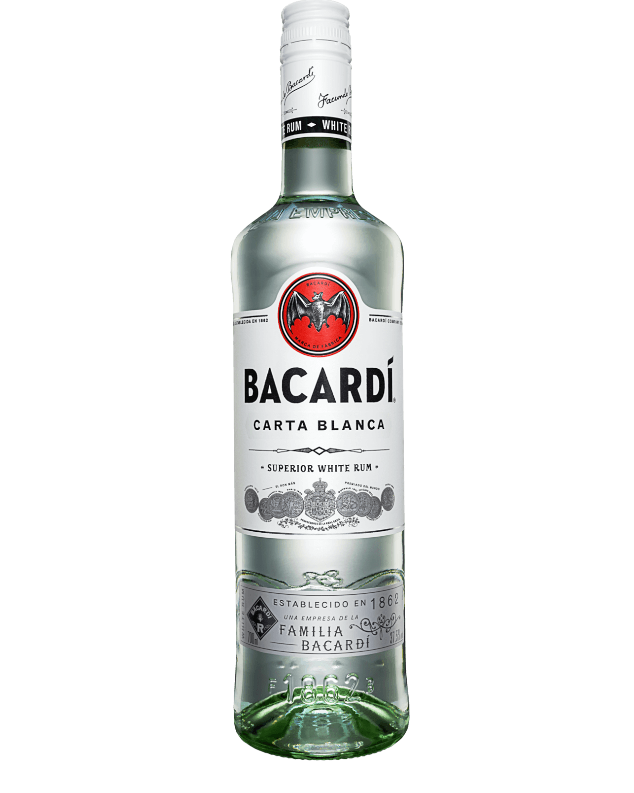 BACARDÍ Carta Blanca rum bottle with white label and red bat logo.