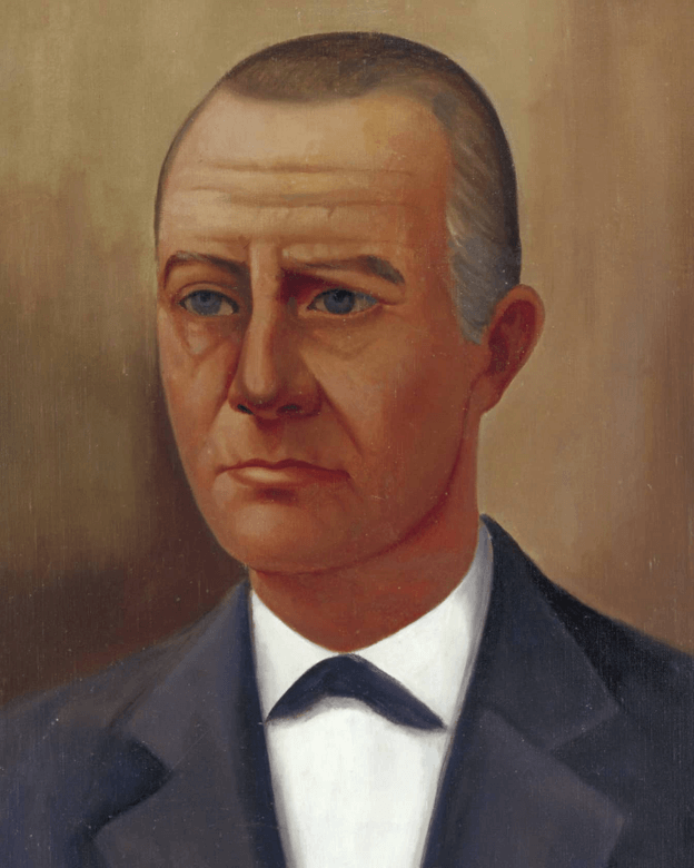 Oil painting portrait of a person in formal dark suit and bow tie, looking slightly away.