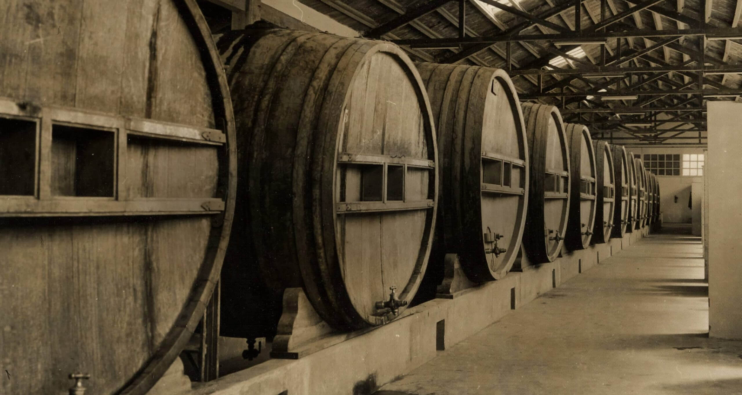 Long row of massive wooden barrels receding into distance inside a vintage distillery warehouse.