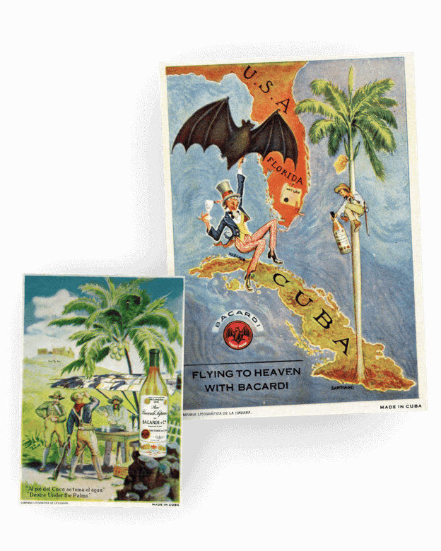 Two vintage BACARDÍ advertisements showing a map of Florida and Cuba with figures, palm trees, and rum bottles.