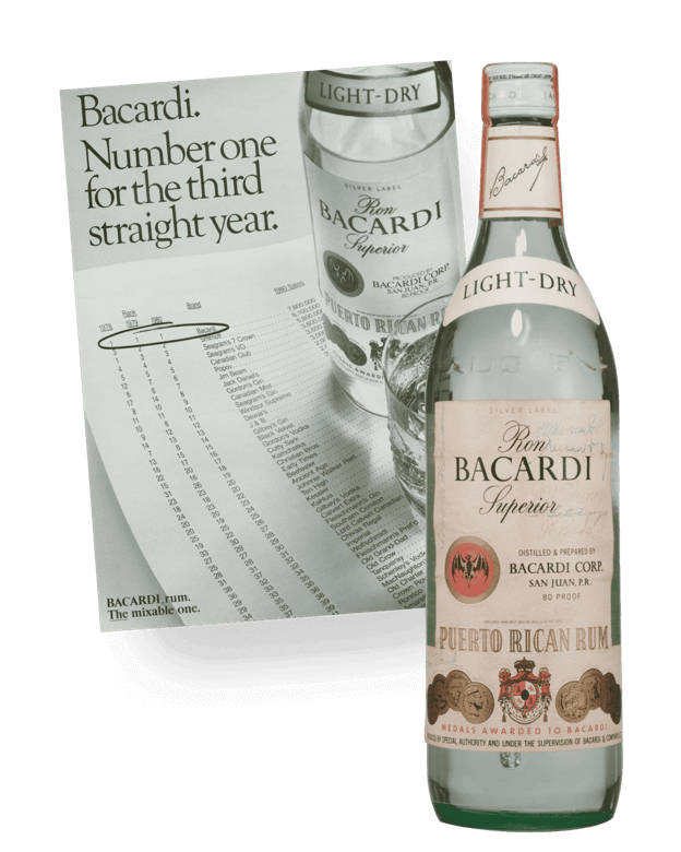 BACARDÍ Superior rum bottle positioned next to a vintage advertisement showing brand rankings.