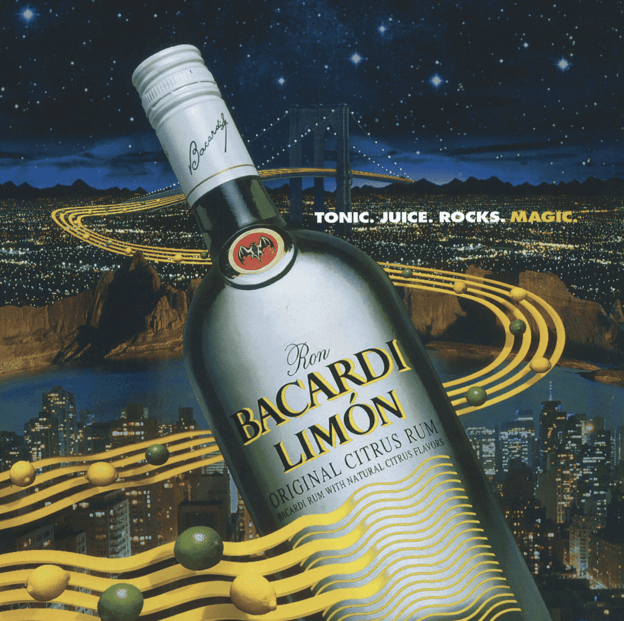 BACARDÍ Limón rum bottle with swirling citrus lines against a night city skyscape.