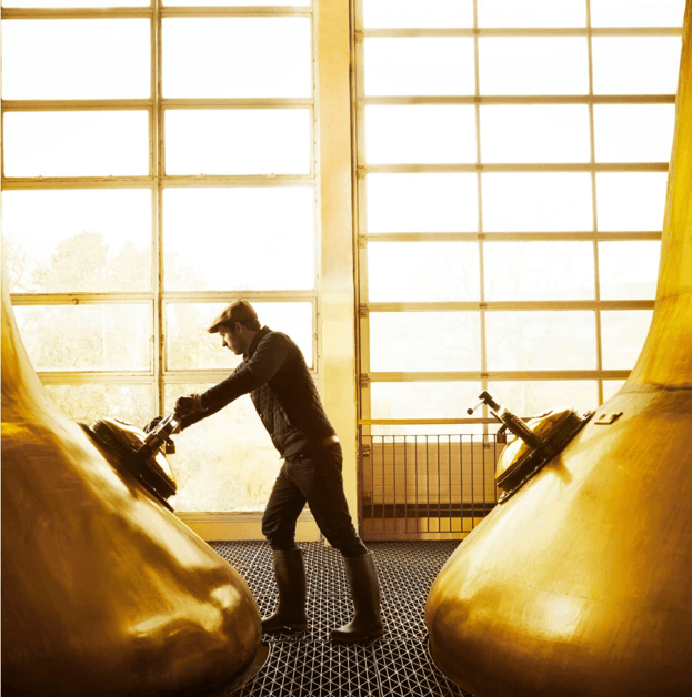 Person working between large copper pot stills in a bright distillery interior.