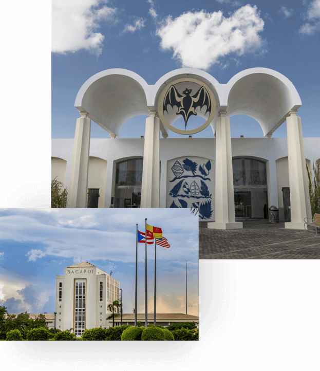 Collage of two BACARDÍ distillery buildings with prominent logos and flagpoles.