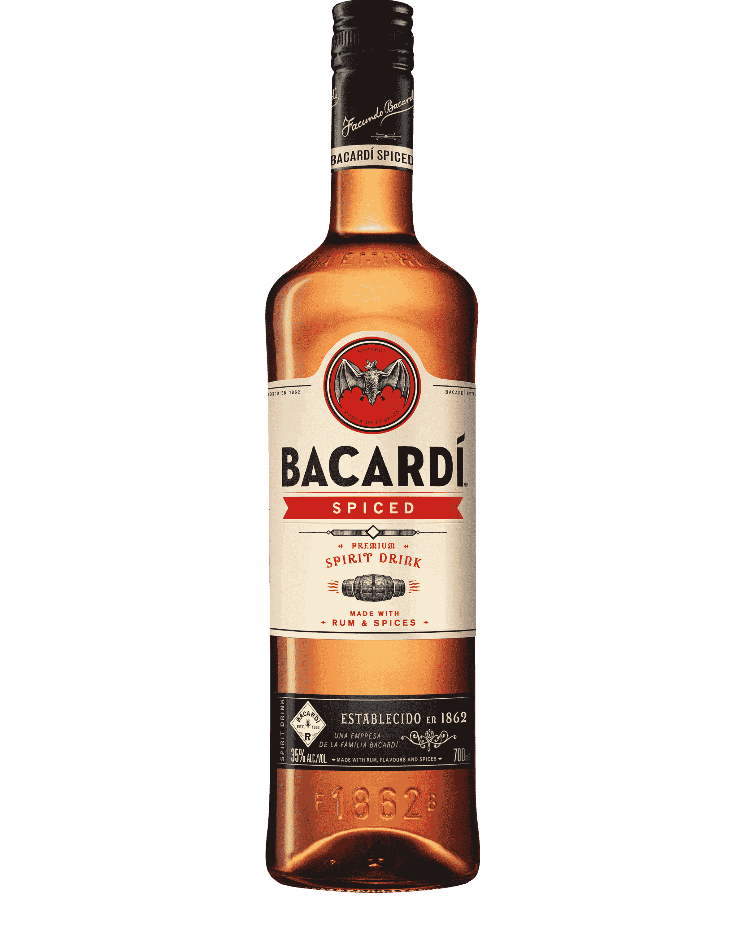 Tall Bacardí Spiced rum bottle with white label and red banner.