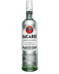 BACARDÍ Carta Blanca rum bottle with white label, silver cap, green-tinted base.