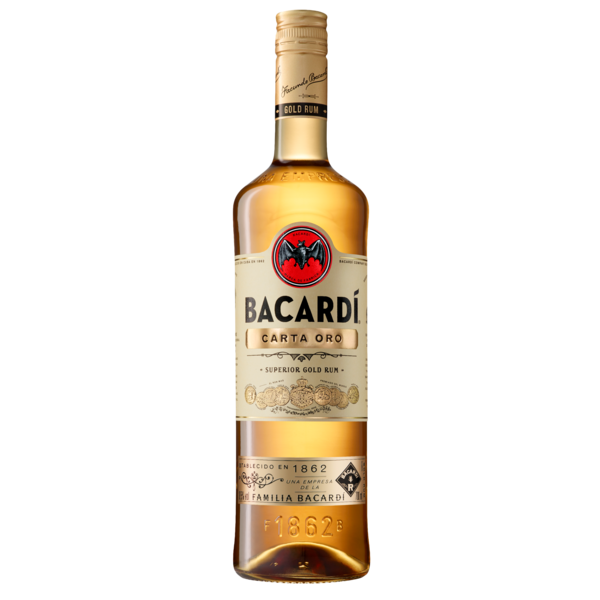 Bacardí Carta Oro rum bottle with golden liquid, cream label, red bat logo.