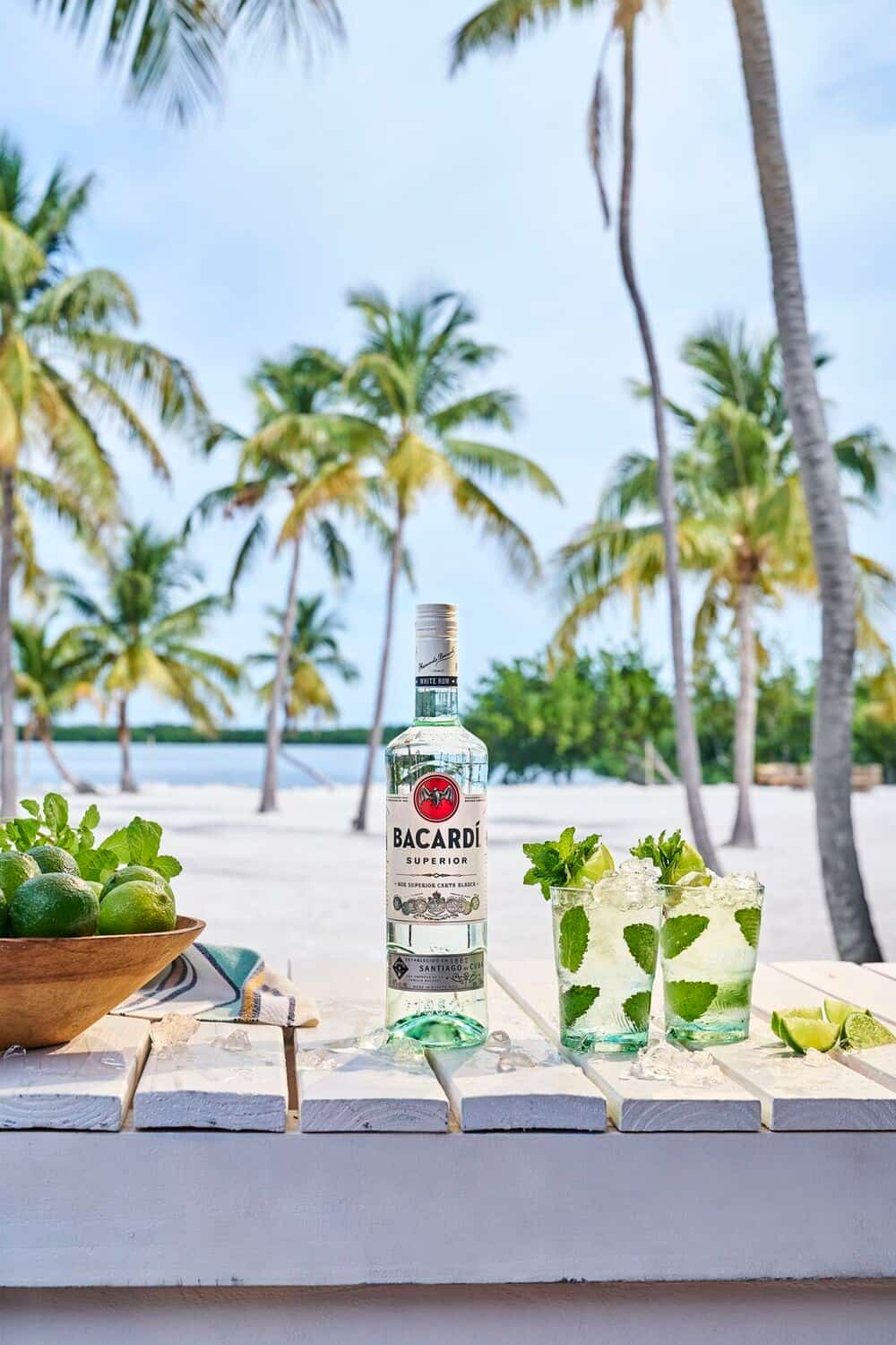 BACARDÍ Carta Blanca White Rum with mojito cocktail, lime juice and mint leaves
