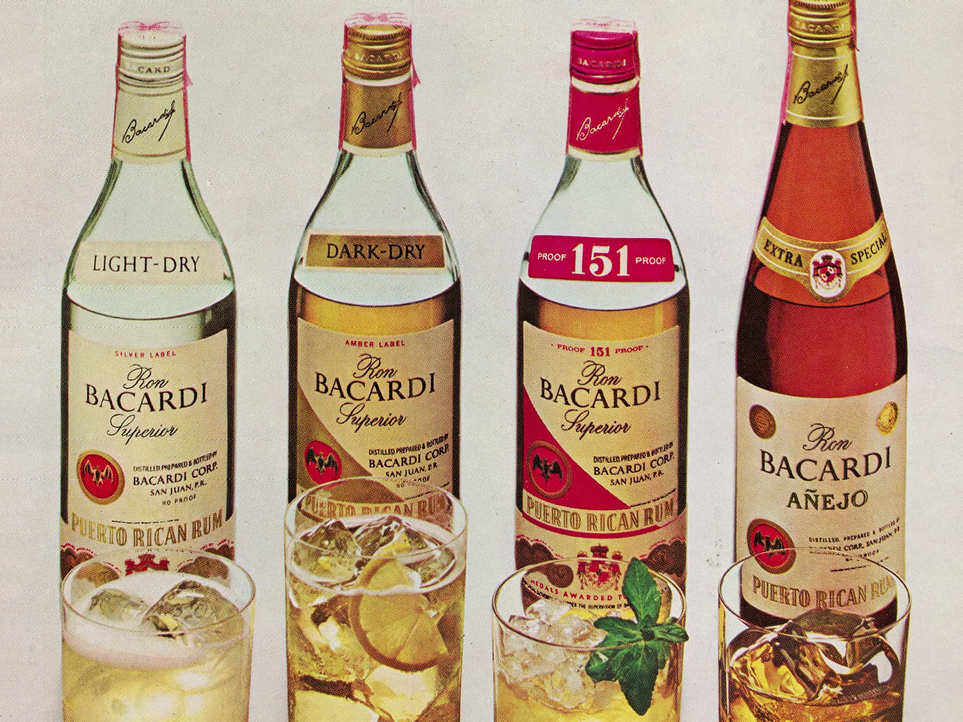 Four vintage BACARDÍ rum bottles showcasing Light-Dry, Dark-Dry, 151 Proof Superior, and Añejo varieties with accompanying cocktail glasses.