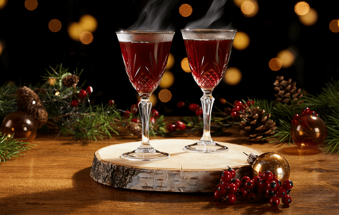 Two steaming red cocktails in crystal glasses surrounded by pine branches, pinecones, berries.