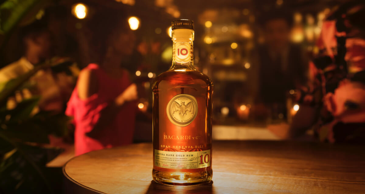 BACARDÍ Gran Reserva Diez rum bottle displaying its distinctive label and design.