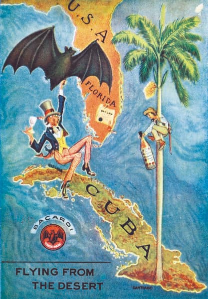 Vintage illustration of Florida and Cuba with a bat carrying a man in a top hat over the map.