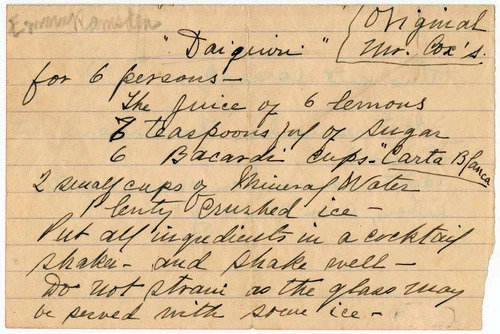 Vintage recipe card with handwritten Daiquiri cocktail instructions in elegant cursive script.