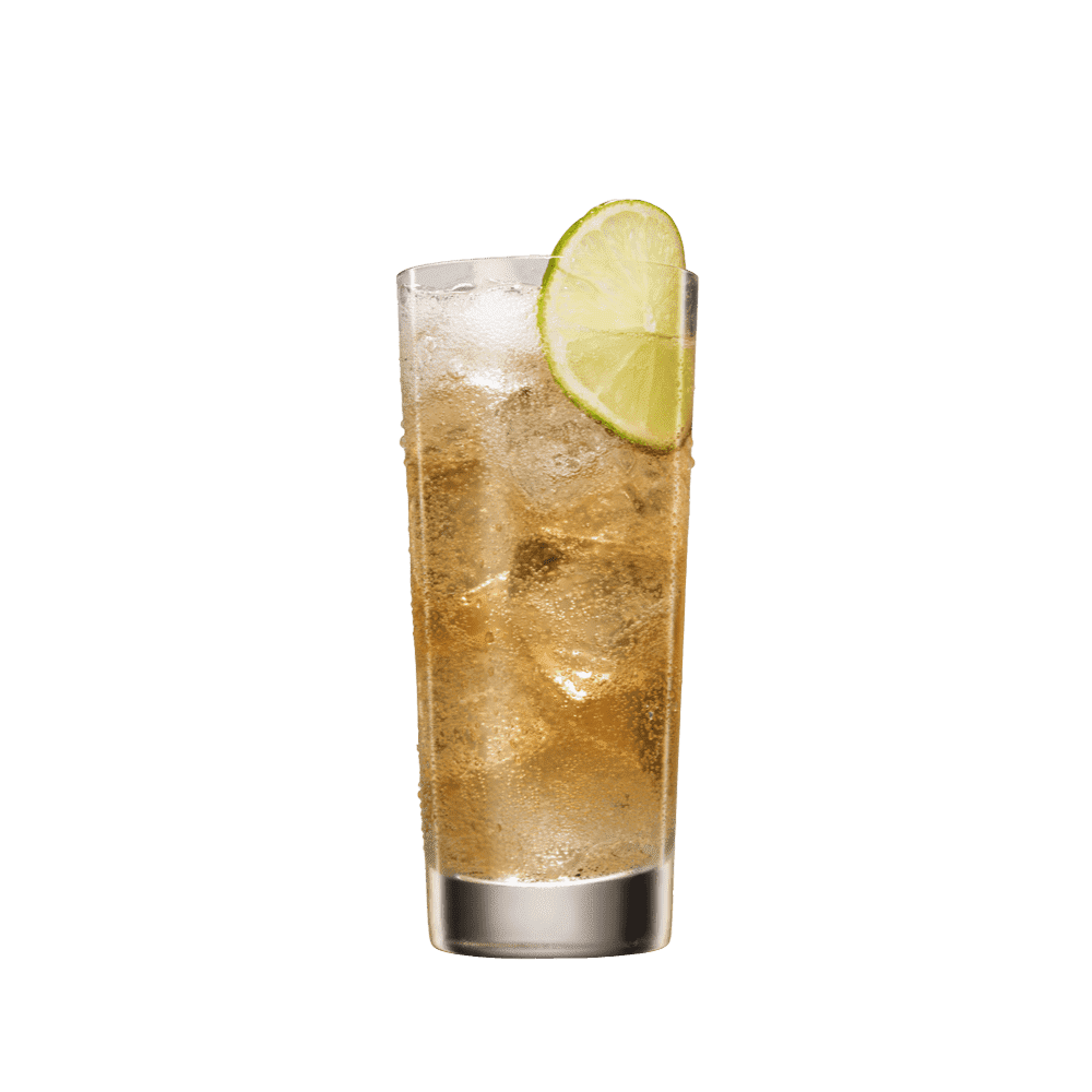 Highball glass with amber carbonated cocktail, ice cubes, and lime wedge on the rim.