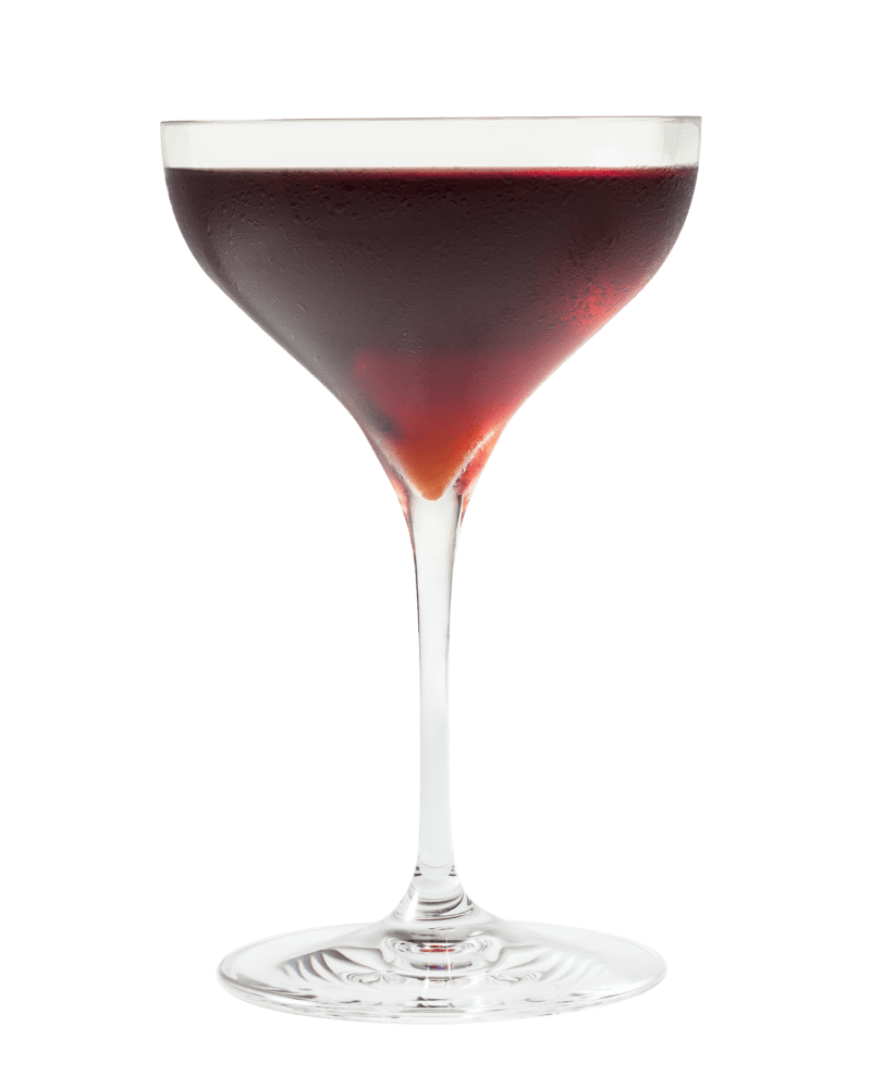 Dark red cocktail served in a chilled coupe glass.