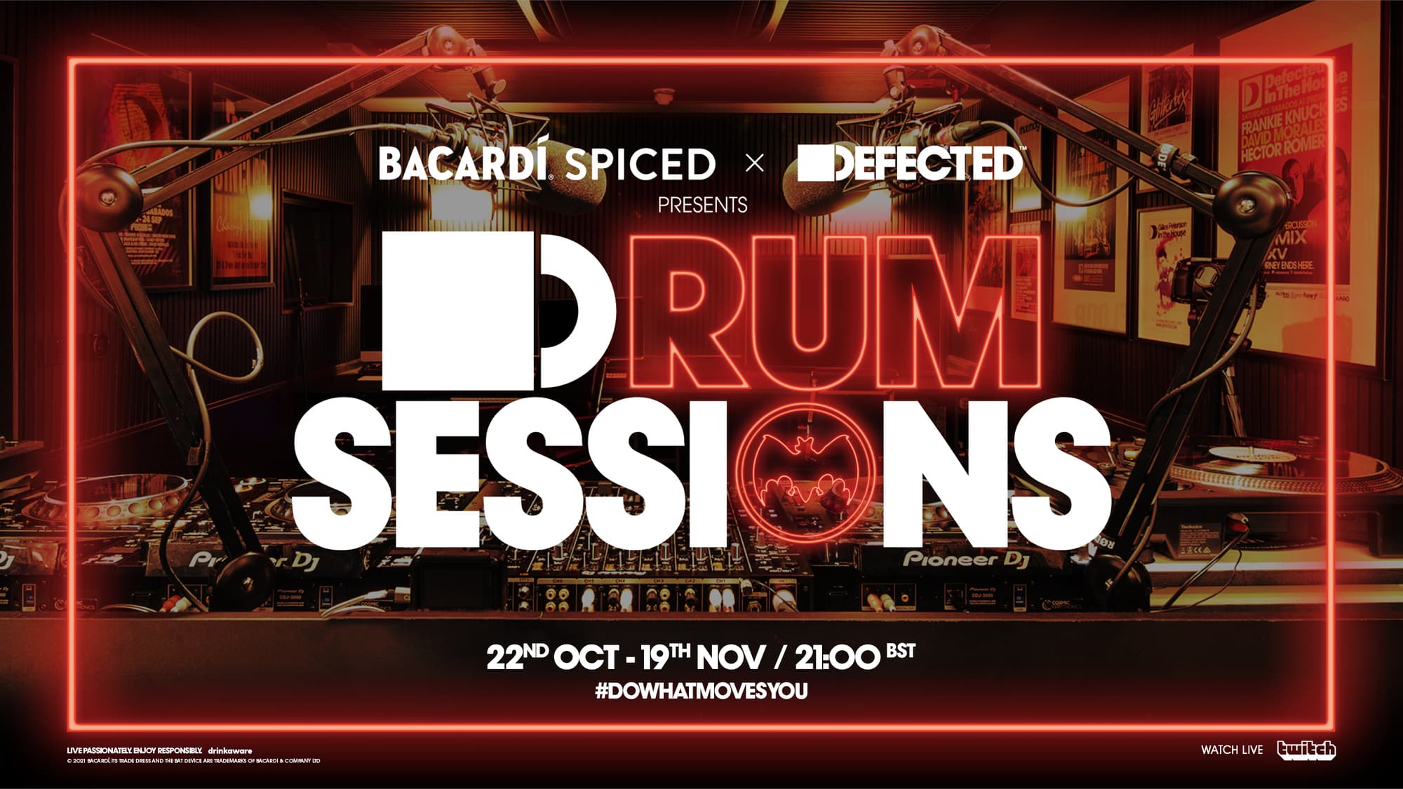 D-RUM SESSIONS promotional graphic with red neon text framed by Pioneer DJ equipment and music posters.