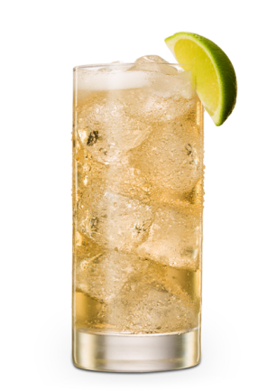 Tall glass with golden cocktail, ice, lime wedge, and condensation.