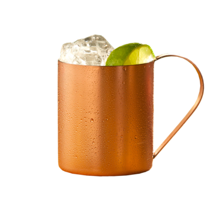 Copper mug filled with ice and lime wedge, covered in condensation.