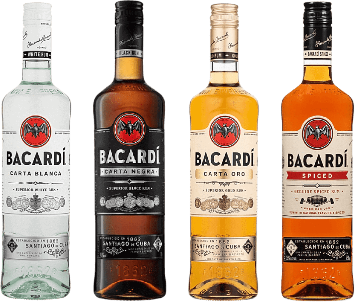 Four BACARDÍ rum bottles lined up: Carta Blanca, Carta Negra, Carta Oro, Spiced rum.