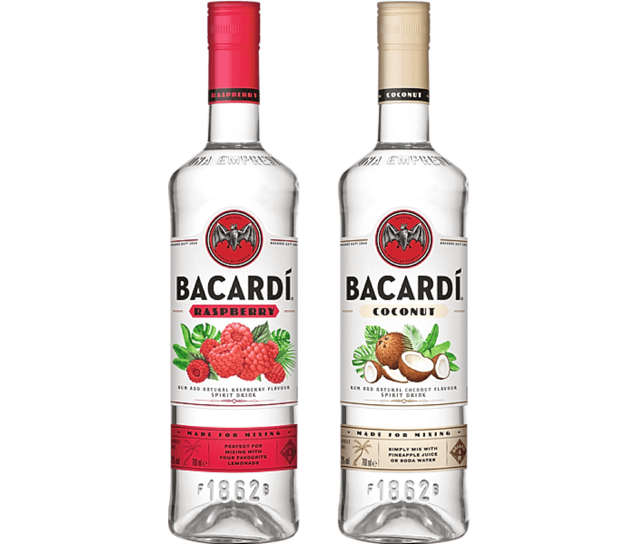 Two BACARDÍ flavored rum bottles: Raspberry with red cap, Coconut with tan cap.
