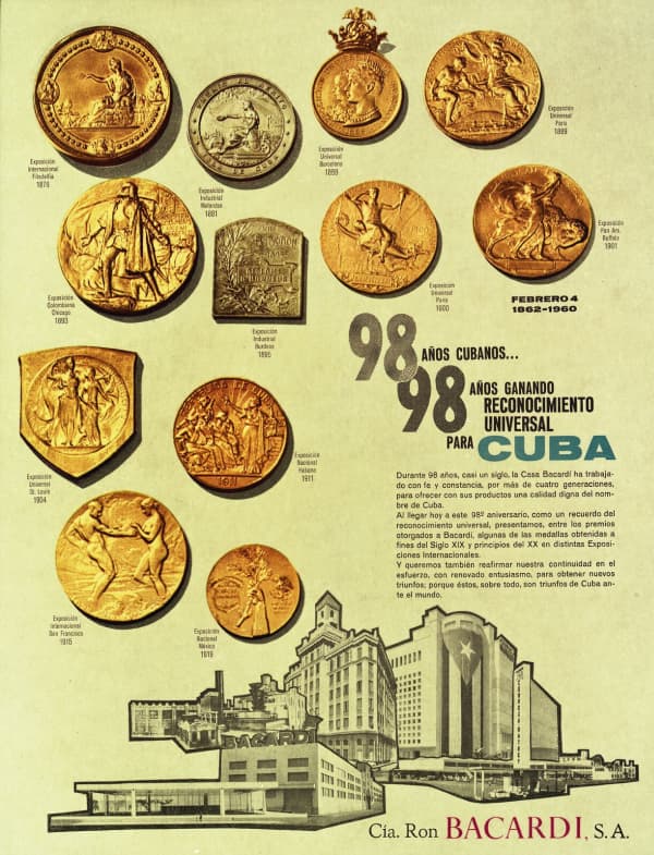 Vintage BACARDÍ advertisement displaying gold medals, awards, and distillery building collage.