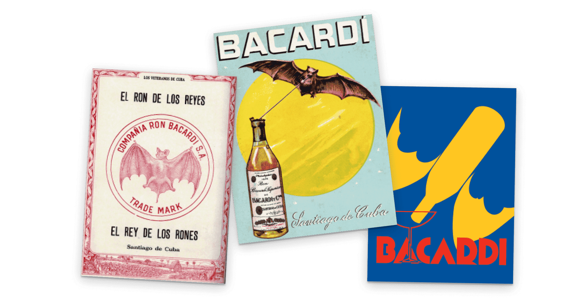 Three vintage BACARDÍ advertisements displayed at angles, featuring bats, rum bottles, historical branding styles.