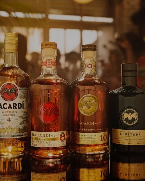 Four BACARDÍ rum bottles arranged in a row, ranging from light to dark glass.