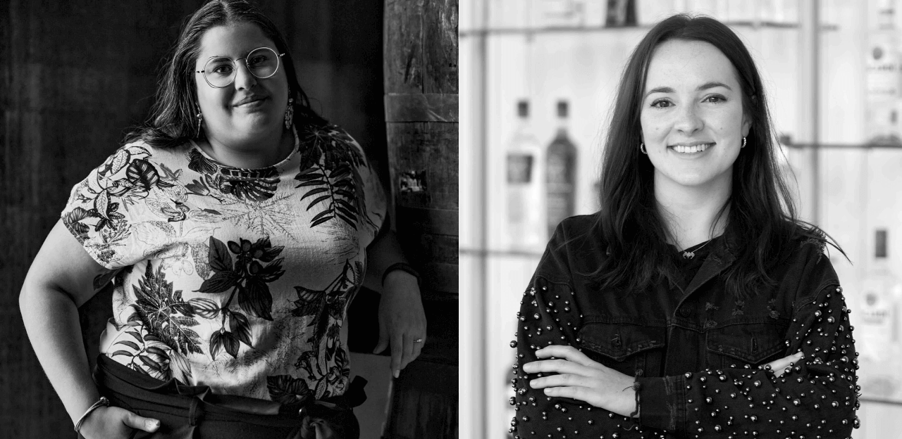 Split image of two women: one in glasses and floral shirt, another in studded denim jacket.