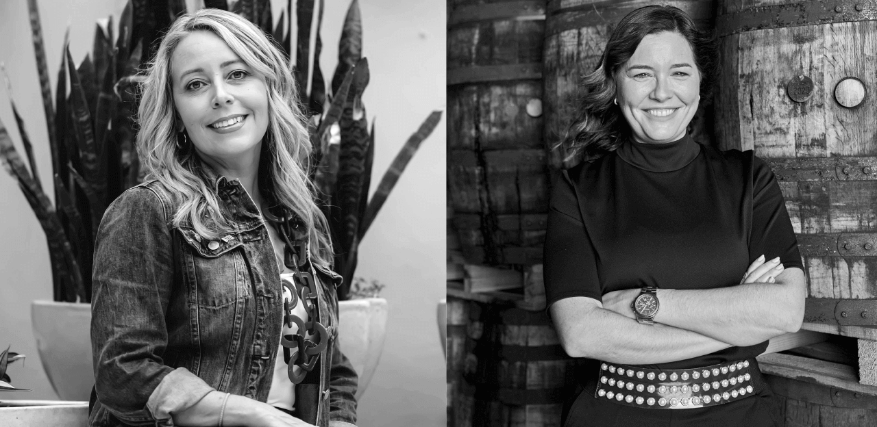 Split portrait of two women: one in denim jacket near a potted plant, another in dark turtleneck by wooden barrels.