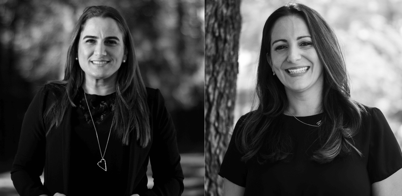 Split portrait of two women in black tops with pendant necklaces, photographed outdoors.