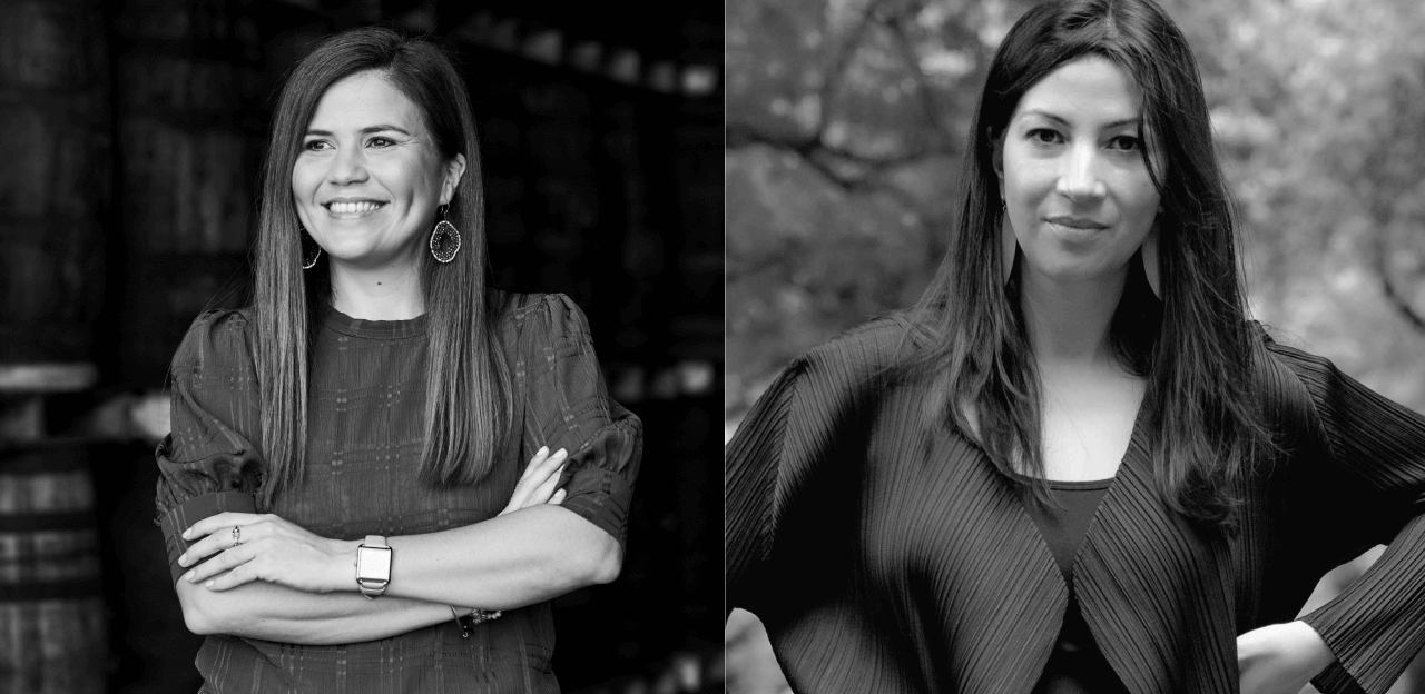 Split portrait of two women: one smiling with crossed arms, another looking directly at camera.