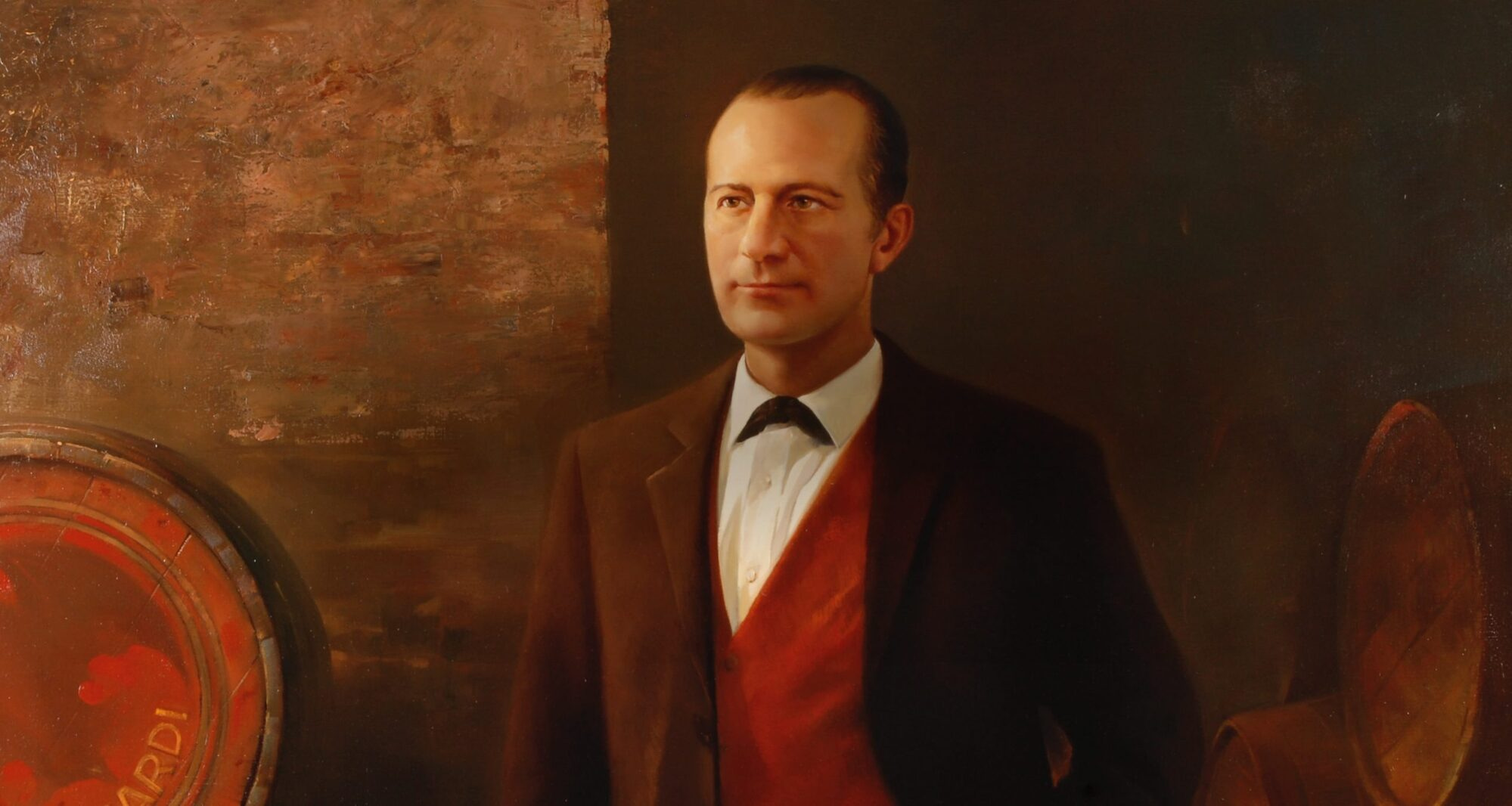 Oil painting portrait of a man in 19th-century attire standing near a wooden barrel with BACARDÍ lettering.