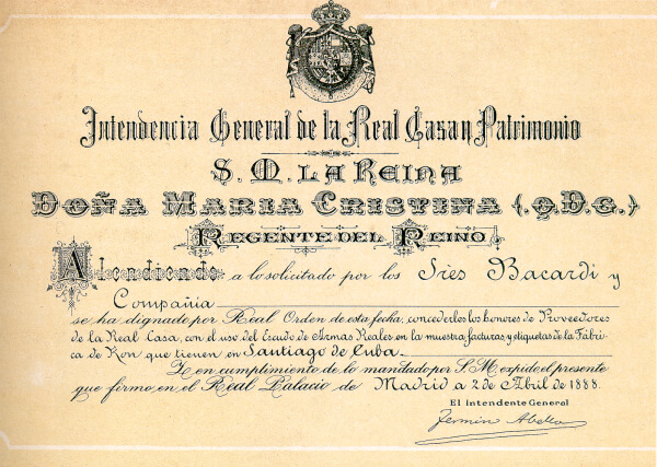 Historical royal document from 1888 featuring BACARDÍ y Compañia with an ornate royal crest.